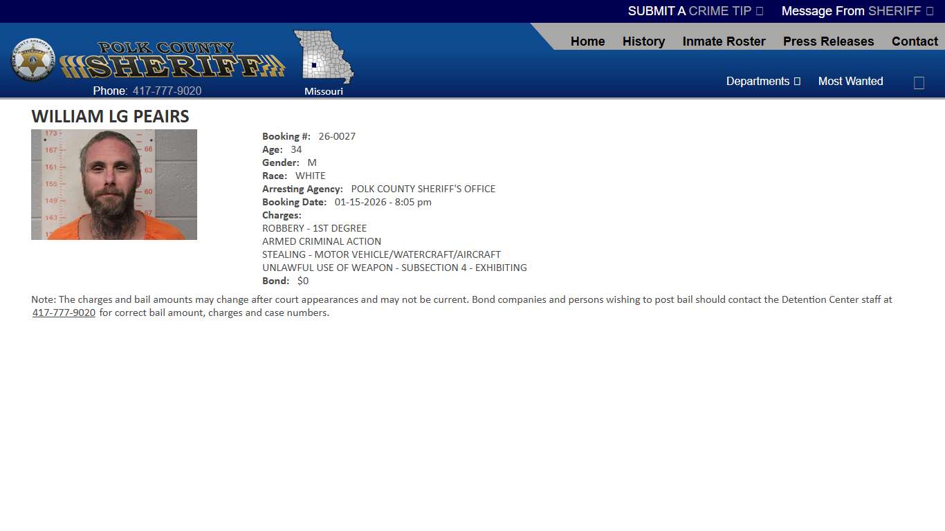 View Roster - WILLIAM LG PEAIRS - Polk County Sheriff MO