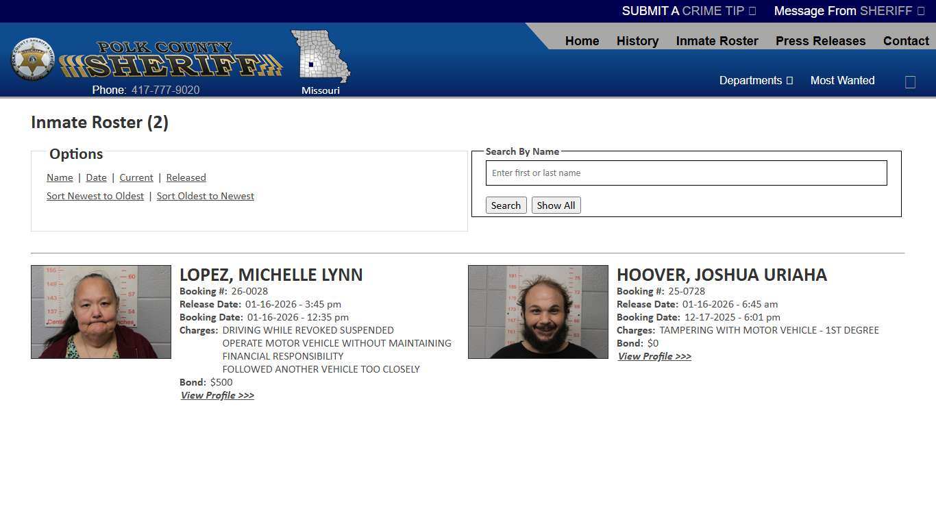 Inmate Roster - Released Inmates Booking Date Descending - Polk County Sheriff MO