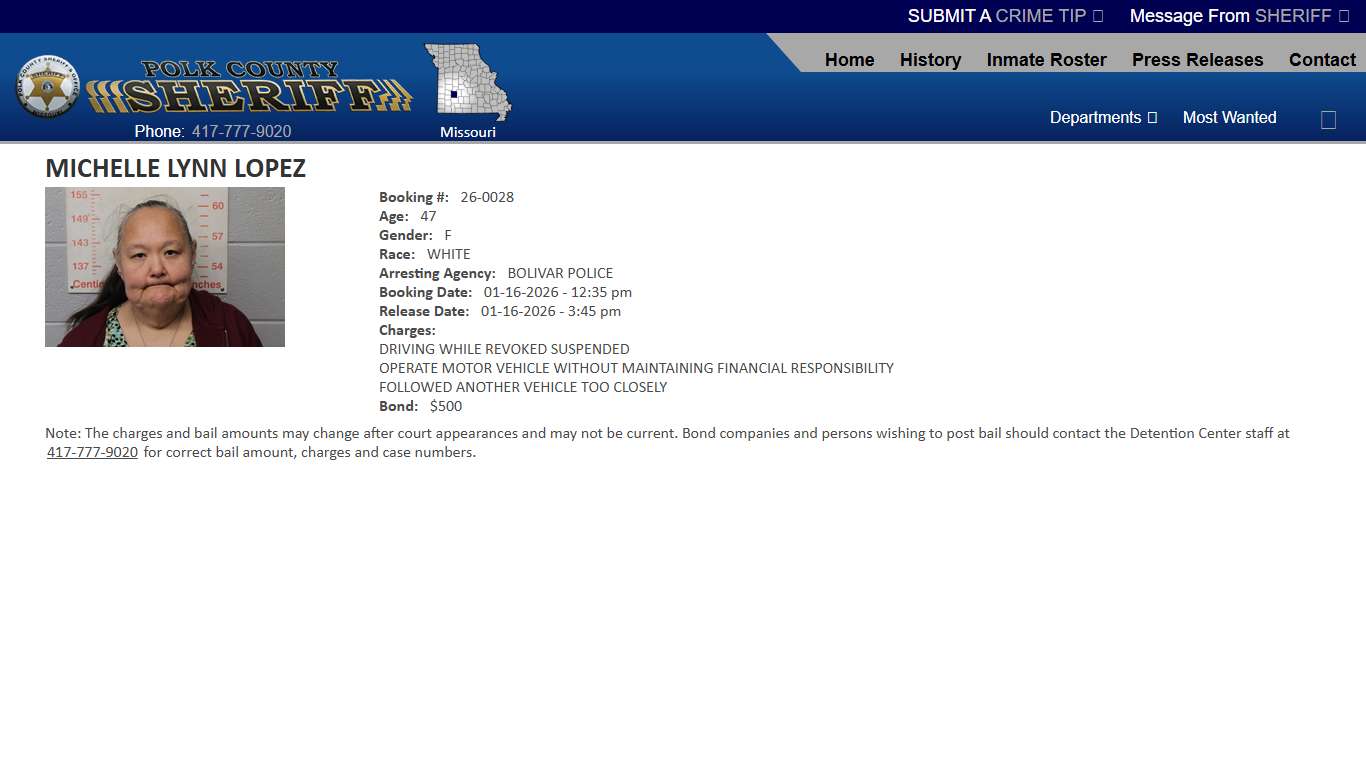 View Roster - MICHELLE LYNN LOPEZ - Polk County Sheriff MO